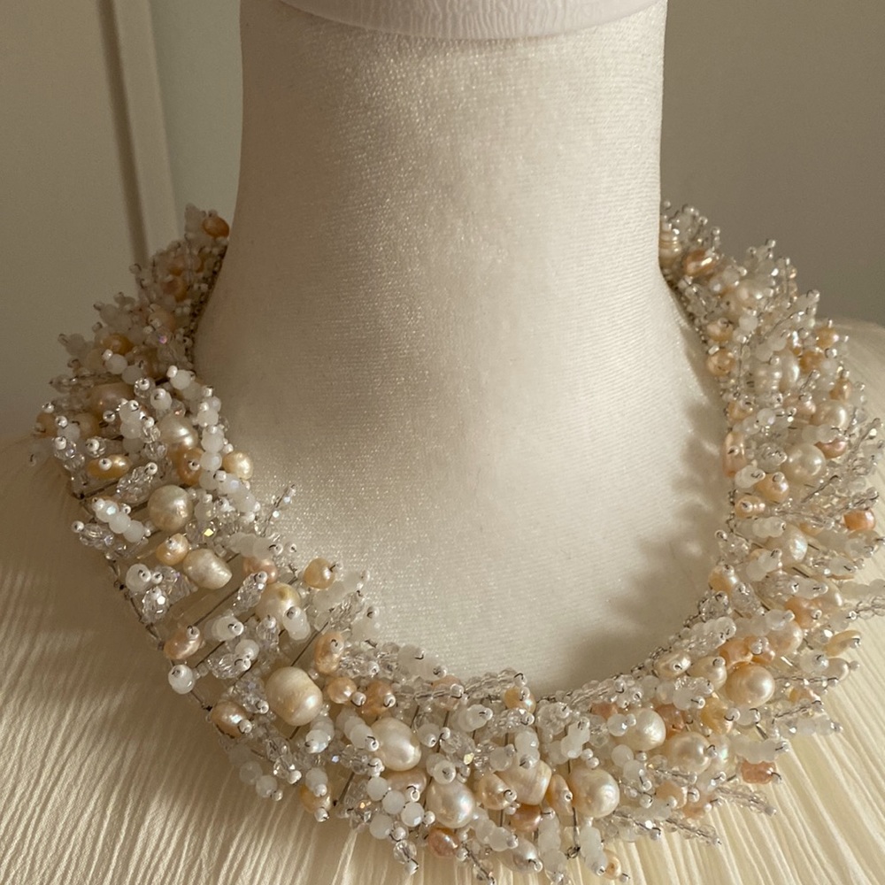 Chunky Statement White Cultured Pearl Crystal Bead Collar Necklace